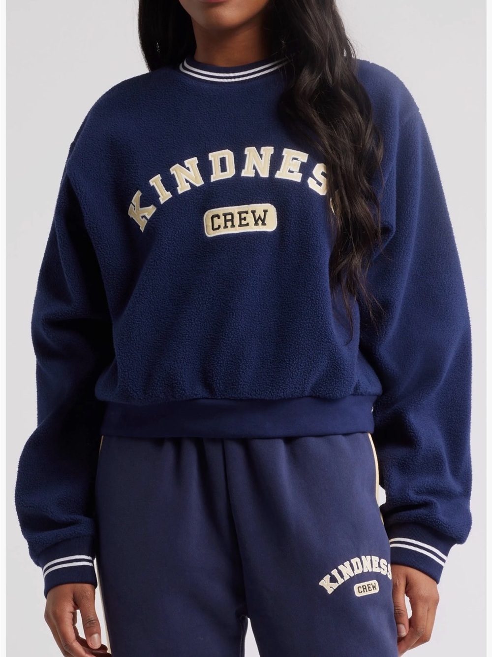 NWOT The Mayfair Group Kindness Crew Teddy Fleece Sweatshirt Navy Blue XS